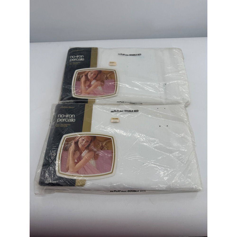 Fashion Manor Flat Sheet Set Double Bed White No-Iron Percale Vintage Set of 2